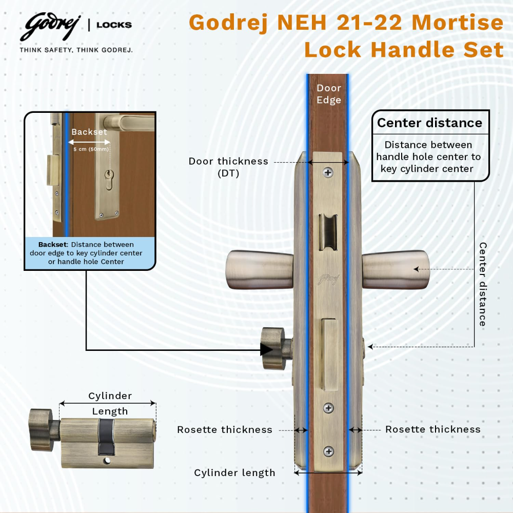 Godrej Mortise Lock|Handle Lock Set for Main & Internal Door of Home & Offices|NEH 21|Antique Brass Finish|10 inch Lockbody|60 mm Cylinder Key from Outside knob from Inside & 3 Keys|5 Years Warranty